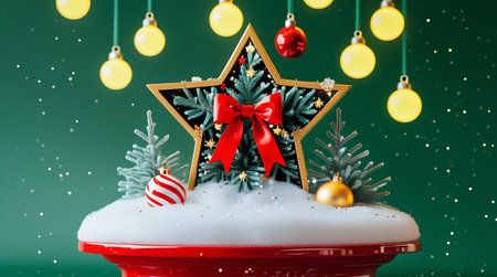 Christmas star with a red bow and Christmas decorations on a green backgroundの素材