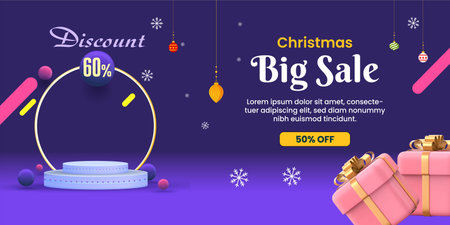 Christmas Big Sale Banner with Gift Box and Snowflakes. Vector Illustrationのイラスト素材