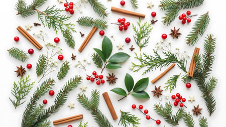 Christmas composition with fir branches, holly berries and spices on white backgroundの素材