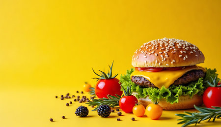 Hamburger with fresh vegetables on yellow background. Space for textの素材