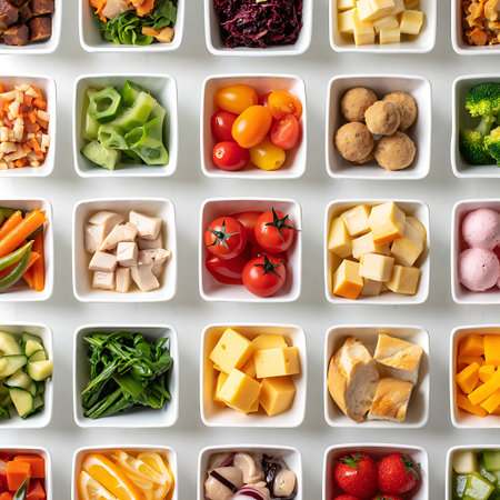 Seamless pattern of healthy food in bowls. Top view.の素材
