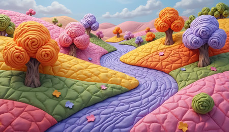 3d rendering of a surreal fantasy landscape with trees and a riverの素材