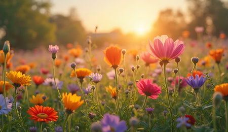 Colorful cosmos flowers in the meadow at sunset. Nature backgroundの素材