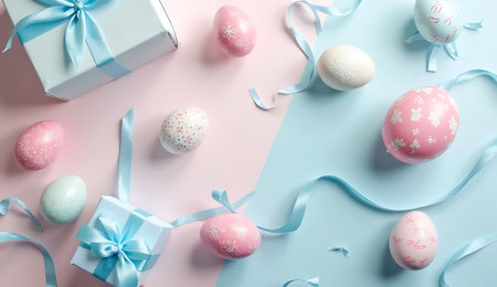 Colorful Easter eggs and gift box on pastel background, top viewの素材