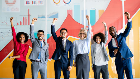Happy business team with arms raised celebrating success. Successful business people conceptの素材