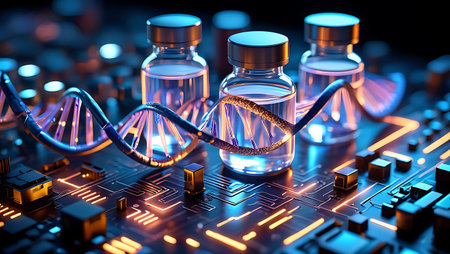 Vials with dna and microcircuit background. 3d renderingの素材