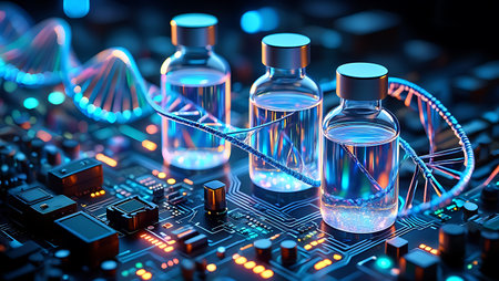 Laboratory glassware with dna strand on electronic board. 3d renderingの素材