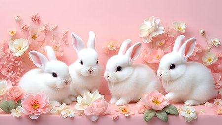 Cute white easter bunnies with flowers on pink backgroundの素材