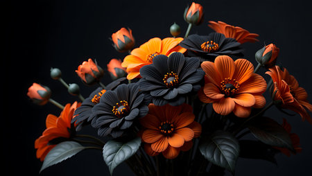 Beautiful bouquet of orange and black flowers on black background.の素材