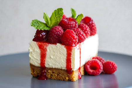 Raspberry cheesecake with fresh raspberries and mint on a gray plateの素材