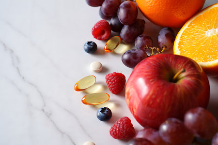 Fruits and vitaminsle table, closeup. Healthy lifestyleの素材