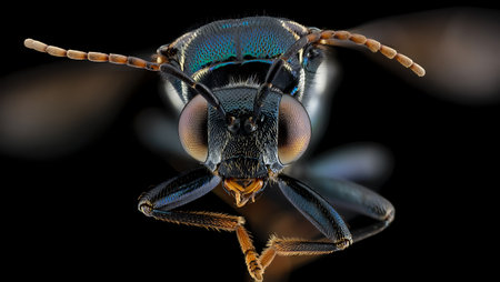 A macro shot of the head of a blue hornet beetle.の素材