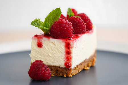 Delicious cheesecake with raspberries and mint on a plateの素材