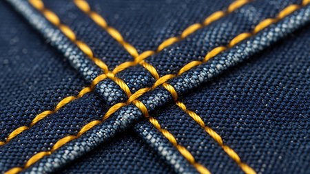Close up of blue jeans fabric with yellow stitch. Macro shot.の素材