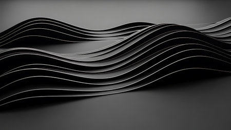 Abstract 3d rendering of wavy surface. Creative background with black wavy lines.の素材