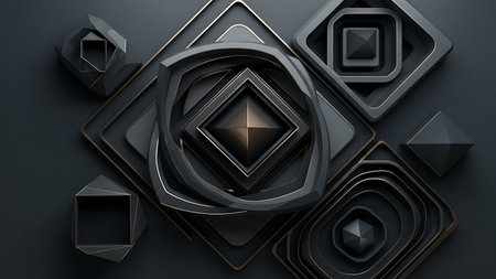 3d rendering of abstract geometric shapes in black color isolated on black background.の素材