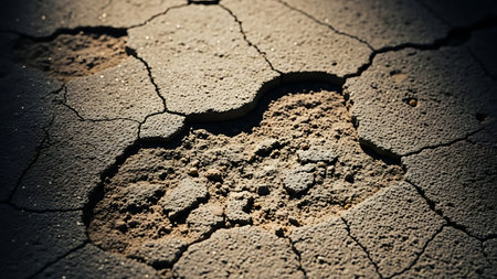 Cracks in the asphalt on the road, close-up.の素材