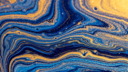 Marble abstract acrylic background. Blue marbling artwork texture. Agate ripple pattern. Gold powder.の素材