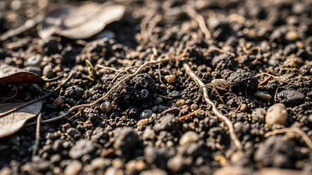 Close up of small black seeds growing on the ground in the gardenの素材