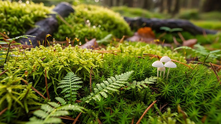 Small white mushrooms growing on the moss in the forest. Selective focus.の素材
