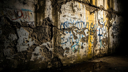 Graffiti on the wall in a dark abandoned building. Urban backgroundの素材