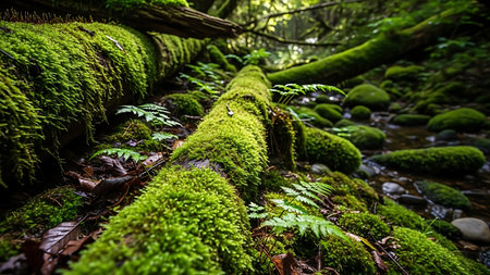 Mossy trees in the forest with a stream in the backgroundの素材