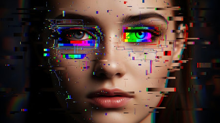 Fashion portrait of young woman with futuristic make-up and glitch effectの素材
