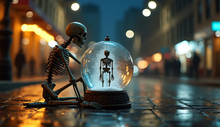 Skeleton and crystal ball on the street at night. Halloween concept.の素材