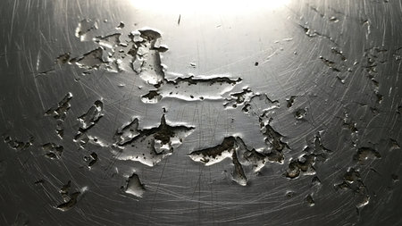 Old scratched metal plate with cracked and peeling paint. Abstract background.の素材