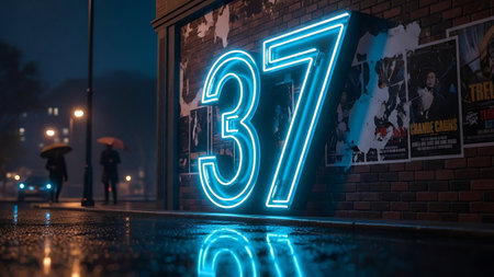 3D rendering of neon sign number 37 on a street at nightの素材