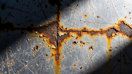 Rusty metal surface with streaks of rust and spots of paint.の素材
