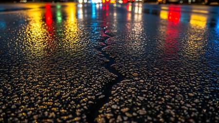 Raindrops on the asphalt in the city at night. Abstract backgroundの素材