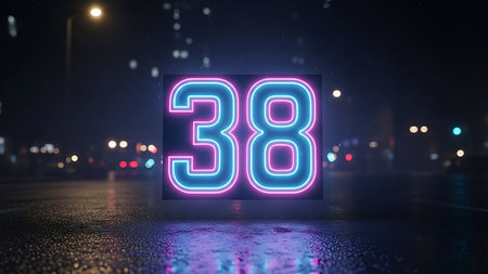 Number 38 illuminated neon sign on a wet street at night. 3D renderingの素材