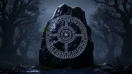 Zodiac wheel on a stone in the dark forest. 3D renderingの素材