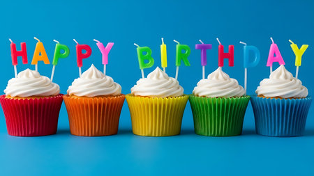Happy birthday cupcake with candles on blue background. Copy space.の素材