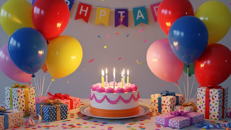 Birthday cake with candles, gifts and balloons. 3d renderingの素材