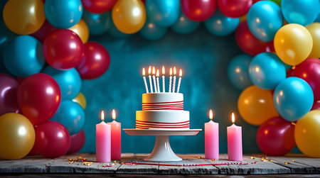 Birthday cake with candles and colorful balloons on wooden background. 3d renderingの素材