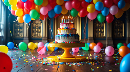Birthday cake with burning candles and colorful balloons on a wooden tableの素材
