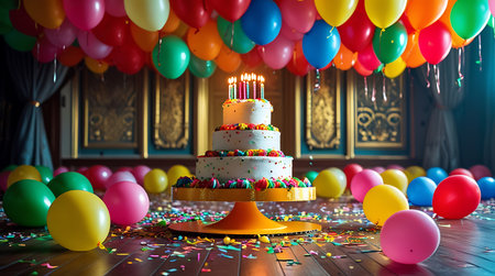 Birthday cake with colorful balloons and confetti on the wooden floorの素材