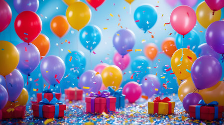 Celebration background with colorful balloons, gift boxes and confettiの素材