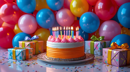 Birthday cake with candles and gifts on the background of colorful balloonsの素材