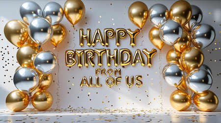 Happy Birthday Greeting Card with Gold and Silver Balloons. Vector Illustrationの素材