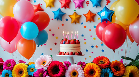 Birthday cake with candles and colorful balloons on a white background.の素材