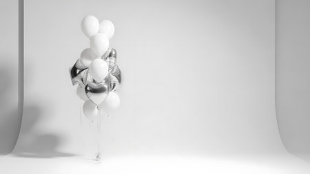 3d render of a silver balloon with white balloons on a white backgroundの素材
