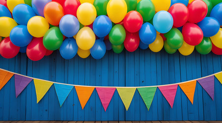 Colorful balloons and bunting flags on blue wooden wall background. Celebration concept.の素材
