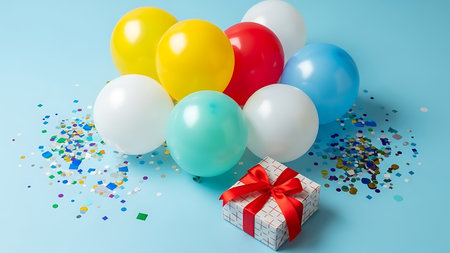 Colorful balloons and gift box with confetti on blue background.の素材