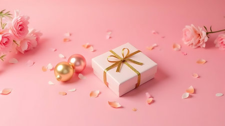 Gift box and rose flowers on pastel pink background with copy spaceの素材