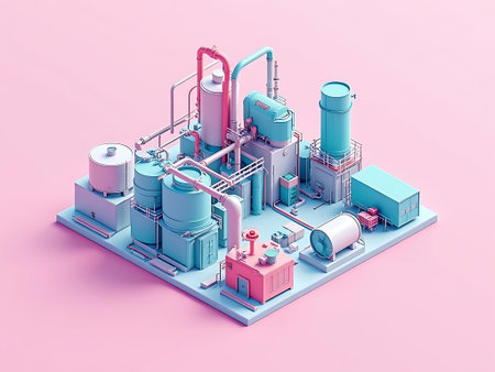 Oil refinery isometric composition on pink background, 3d rendering.の素材