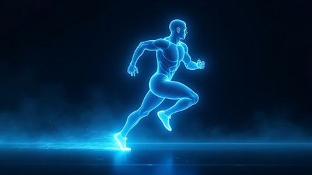 Running man made of blue neon light on dark background. 3D renderingの素材