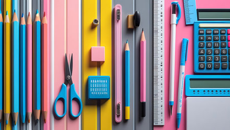 School supplies on colorful background. Back to school concept. 3D Renderingの素材